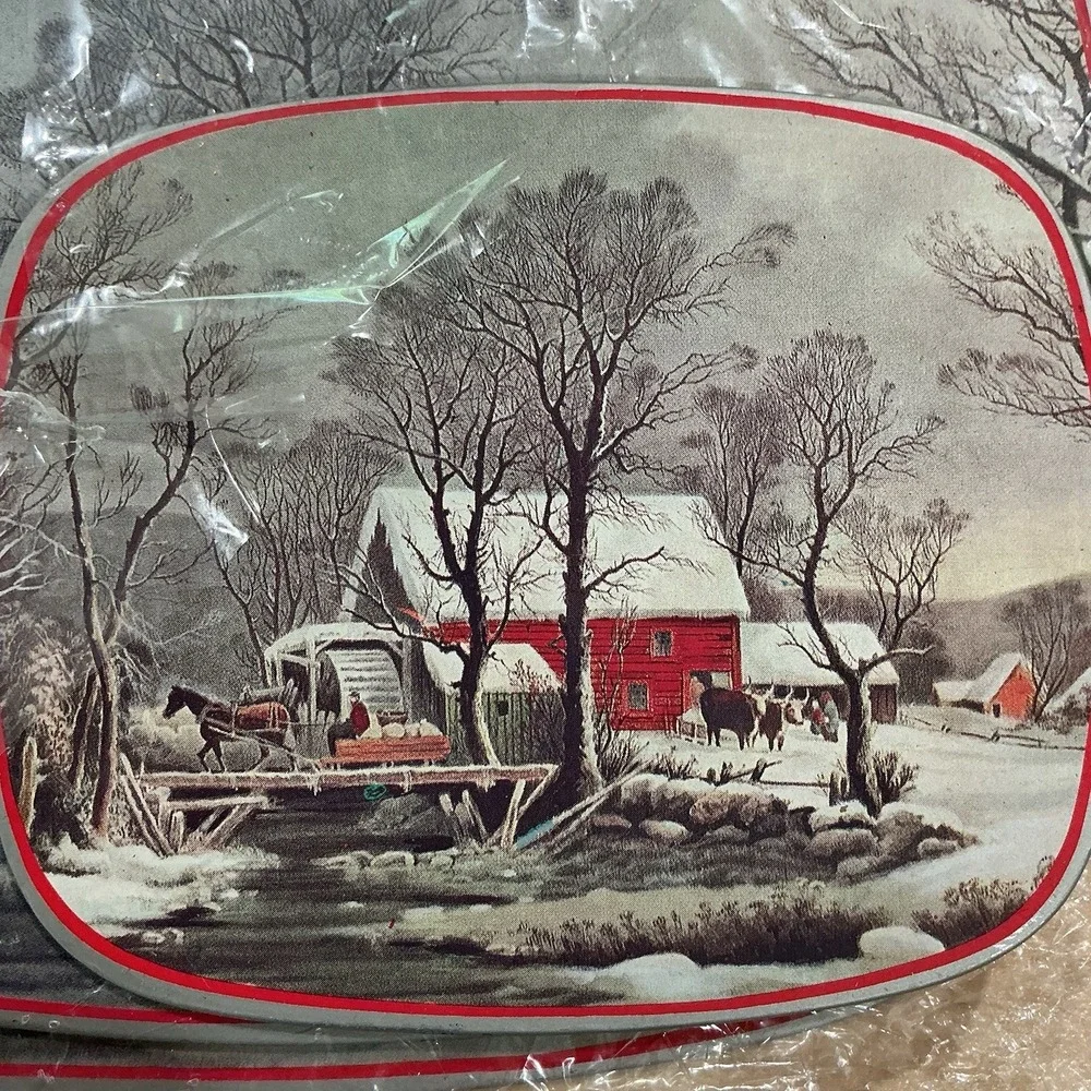 Holidays‎ Currier and Ives American Winter Farm Scene Set Of 3 Tin Hot Pads NEW